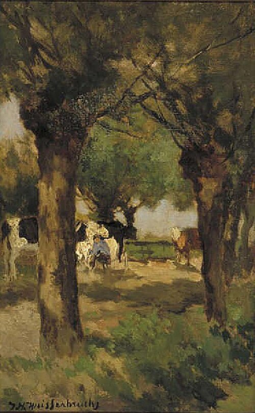 Milking cows amidst willow trees, 1900, Johan Hendrik Weissenbruch