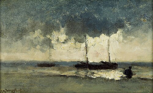 Twee zeilschepen in de branding, 1876, Johan Hendrik Weissenbruch