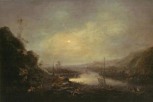 View of the river Elbe at Sörnenwitz with the sun rising in the frosty morning, 1741, Johann Alexander Thiele