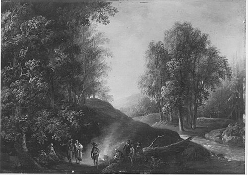 Forest landscape with travelers resting, 1759, Johann Andreas Herrlein