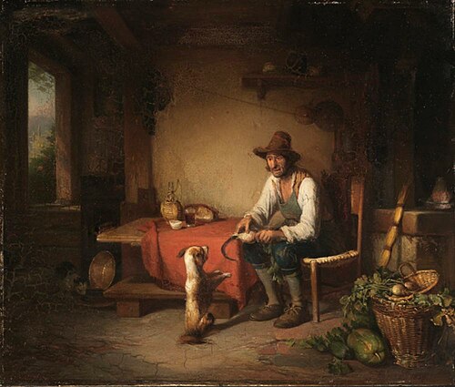 Italienischer Bauer mit Hund spielend, 1850, Johann Baptist Kirner
