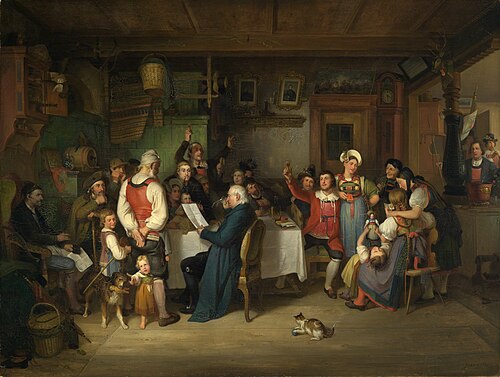 Die Preisverleihung des landwirtschaftlichen Vereins in einer Hotzenwälder Bauernstube, 1841, Johann Baptist Kirner