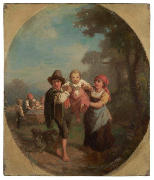 Enfants italiens jouant avec un chien, 1858, Johann Baptist Kirner