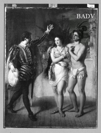 Theater scene ? Gentleman in 16. c. dress + exotic couple, 1845, Johann Baptist Reiter