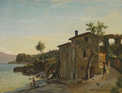 Oberitalienische Landschaft mit Häusern am See, 1829, Johann Christian Ziegler