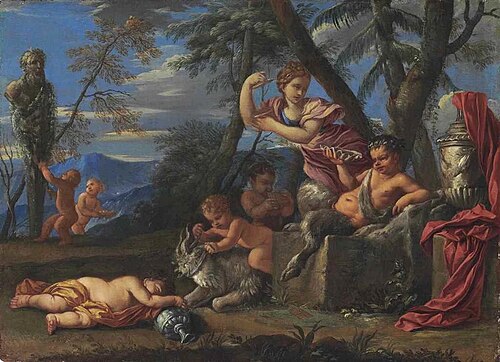 A Bacchanal with a drunken Pan and cavorting putti before a term, 1631, Karel Philips Spierincks