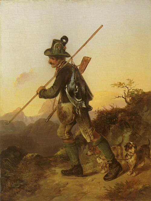 Jäger mit Birkhähnen oberhalb von Berchtesgaden, im Hintergrund der Watzmann, 1850, Matthias Ranftl