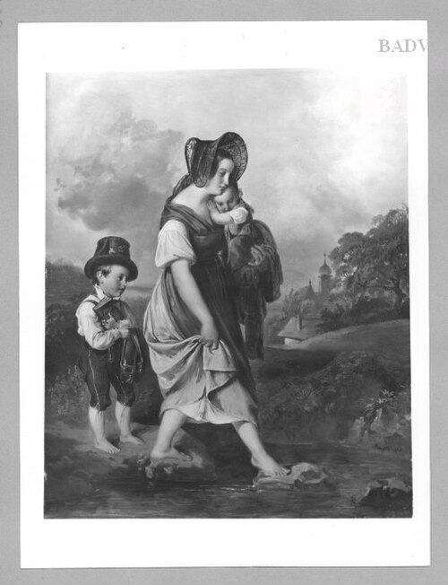 Mutter mit Kindern über einem Bach schreitend, 1836, Matthias Ranftl