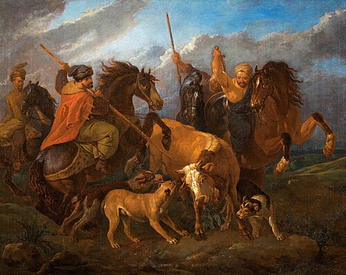 Horsemen and Dogs Hunting a Bull, , Pieter van Bloemen