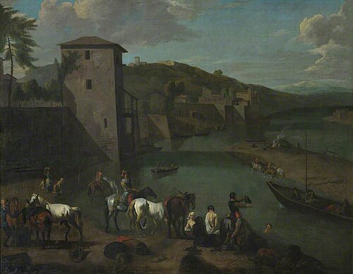 A Riverside Town with High Embankment Walls, Figures Bathing and Traders with their Horses on the Mu, , Pieter van Bloemen