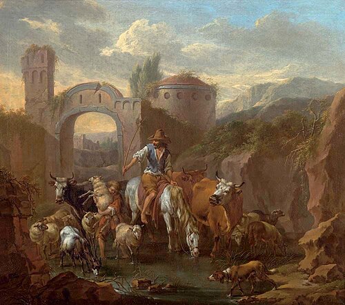 Italianate landscape with a shepherd and his flock, 1500, Pieter van Bloemen