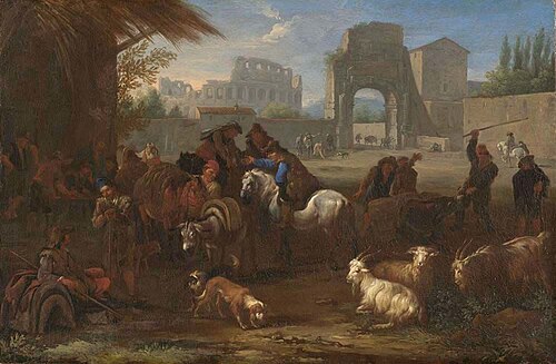 Shepherds with cattle in front of the Colosseum in Rome, , Pieter van Bloemen