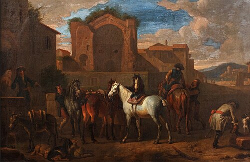 Rest of knights in a village, 1697, Pieter van Bloemen