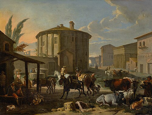Roman landscape with figures and animals in front of the Temple of Vesta, 1688, Pieter van Bloemen