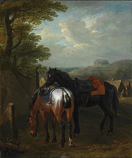 Two horses without saddles at a watering place, 1710, Pieter van Bloemen