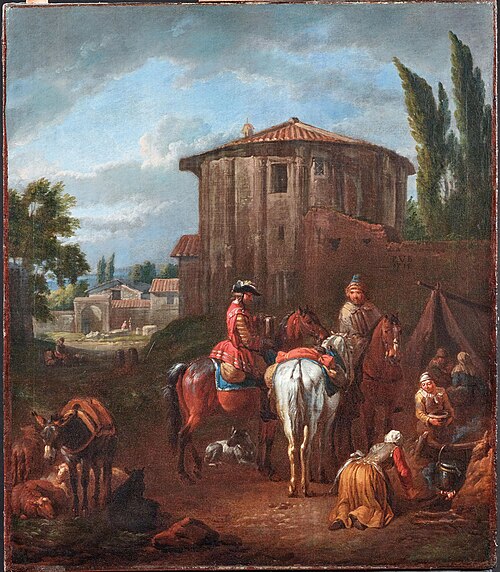Roman landscape with figures and animals in front of the Temple Vesta, 1715, Pieter van Bloemen