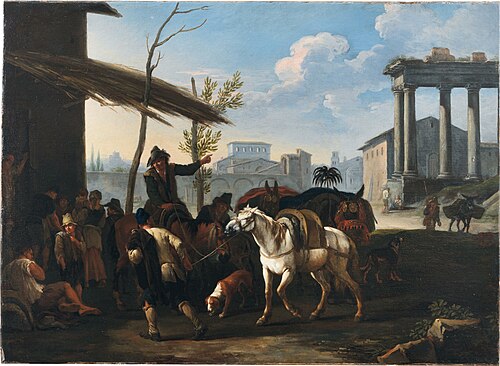Peasants outside an inn, a town and ancient ruins beyond, 1710, Pieter van Bloemen