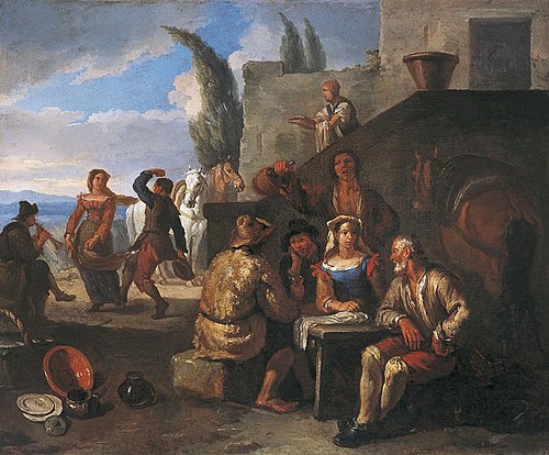Buveurs et danseurs devant une auberge, 1797, Pieter van Bloemen