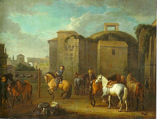 École d'équitation devant des ruines antiques, 1750, Pieter van Bloemen