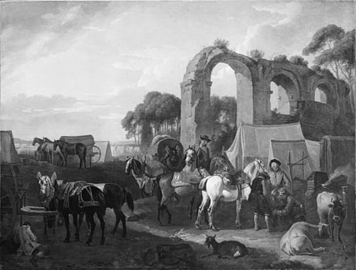 En hest bliver skoet i en soldaterlejr, 1705, Pieter van Bloemen