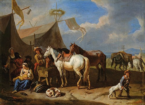 Camp scene with a woman nursing a baby, 1691, Pieter van Bloemen