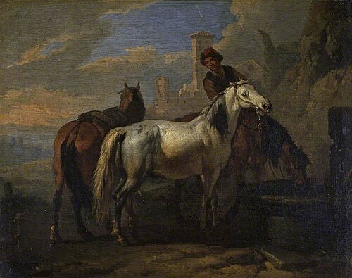 Horses drinking at a fountain, , Pieter van Bloemen