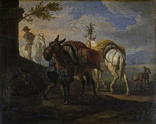 Mules halting by the wayside, , Pieter van Bloemen