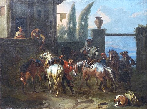 Halte de cavaliers devant une hôtellerie, 1690, Pieter van Bloemen