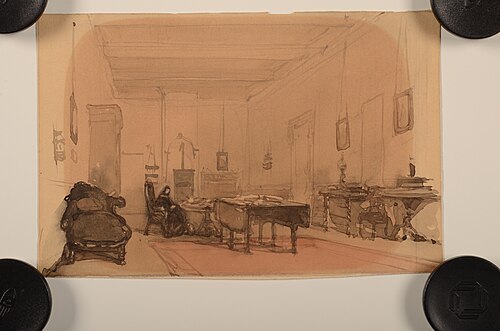 Werkkamer van mej. Toussaint in haar ouderlijk huis aan de Bierkade, 1846, Johannes Bosboom