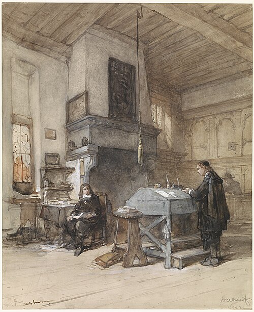 Archief te Veere met figuren in zeventiende-eeuws kostuum, 1850, Johannes Bosboom