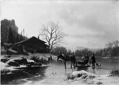 Winterlandschaft mit Pferdeschlitten und Jäger im bayerischen Gebirge, 1859, Johannes Bartholomäus Duntze