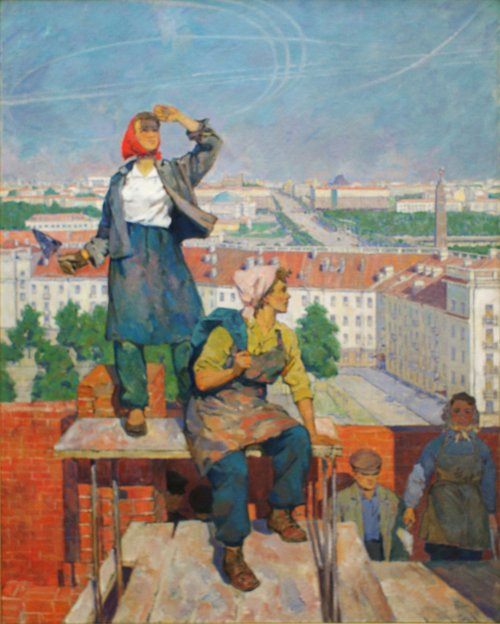 On the scaffolding, 1960, Paviel Haŭrylienka
