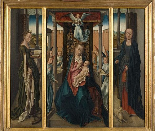 La Vierge trônant parmi les anges, sainte Catherine et sainte Agnès (triptyque), 1550, Maître de la Légende de sainte Catherine