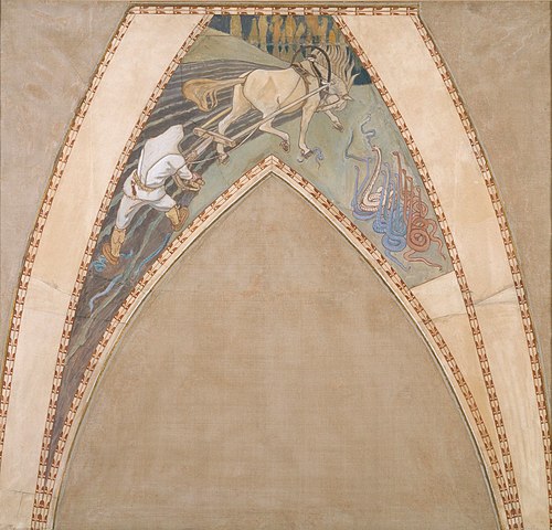 Ilmarinen ploughing the Viper-field, Sketch for the cupola frescos of the Finnish Pavilion in Paris, 1899, Akseli Gallen-Kallela