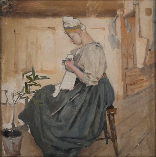 Mary Gallén sewing in a Karelian house, 1890, Akseli Gallen-Kallela