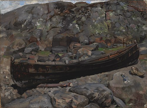 Boat on a Rocky Shore Near the Old Church in Tyrvää, 1884, Akseli Gallen-Kallela