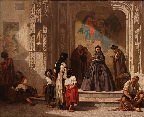 Jeune femme faisant la charité à l'entrée de la chapelle de l'hôpital San Sebastian à Cordoue, 1863, Léon Bonnat