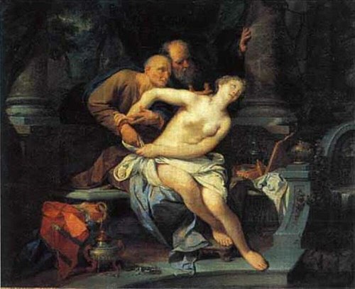 Suzanna door de ouderlingen belaagd (Daniël 13:1-63), 1729, Nikolaas Verkolje