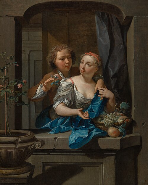 Young Man Presenting a Rose to a Young Woman, 1717, Nikolaas Verkolje