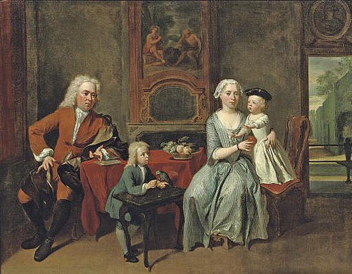 A family portrait of a gentleman, his wife handing an apple to the daughter and their son feeding a , 1730, Nikolaas Verkolje