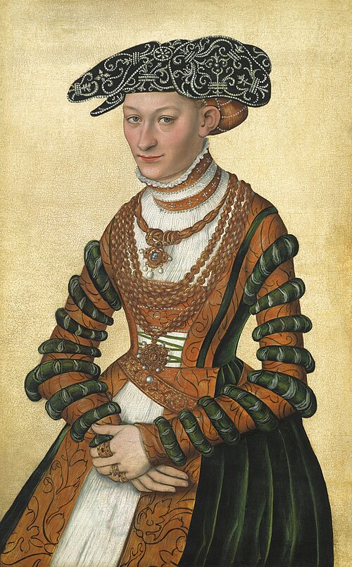 Portrait of a Lady in a green velvet and orange dress and a pearl-embroidered black hat, 1541, Lucas Cranach le Jeune