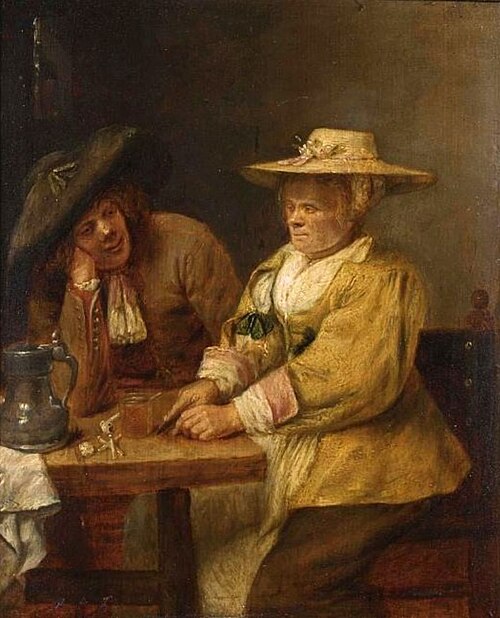 A couple at a table drinking and cutting tobacco., 1650, Josse van Craesbeeck
