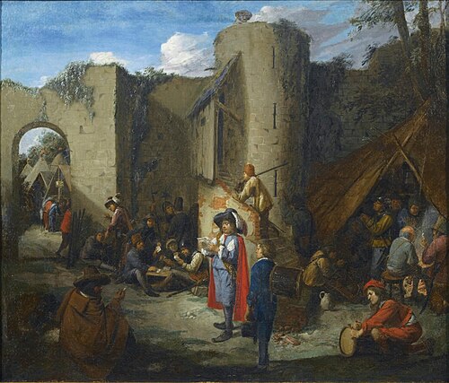 An officer reading a letter in a military encampment beside the walls of a castle, 1650, Josse van Craesbeeck