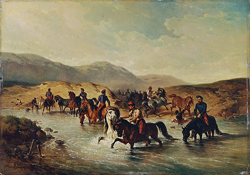 Französische Kavallerie in der Pferdeschwemme, 1867, Josef Anton Strassgschwandtner