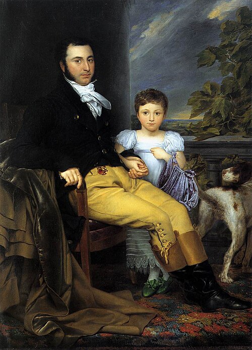 Portret van een voornaam man met zijn dochter en een jachthond, 1814, Joseph-Denis Odevaere