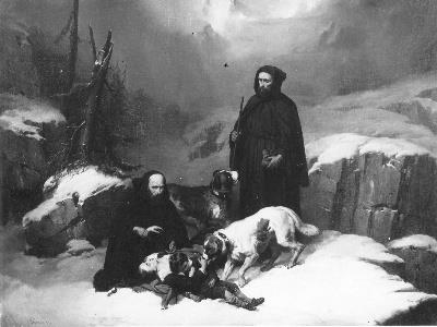 Moins de Saint-Bernard qui offrent de l'aide à une femme et un l'enfant qui sont pris dans la neige , 1845, Joseph Beaume