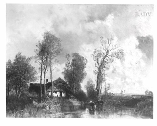 landscape with brook cows + cottage, 1889, Joseph Wenglein