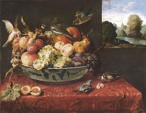 Still life with fruit bowl on a table and view of a landscape through an open window, 1621, Juan van der Hamen