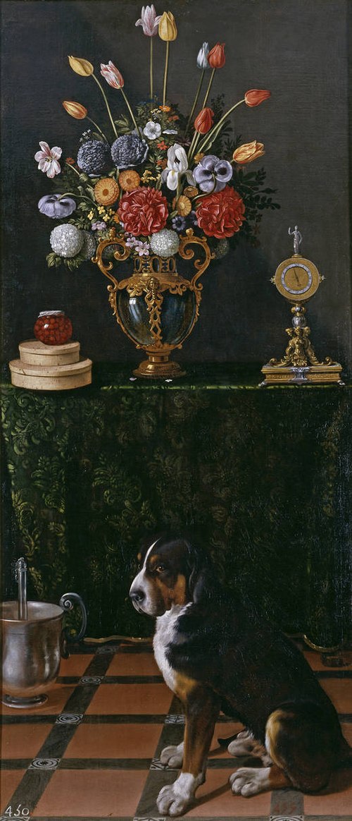 Nature morte avec un Vase de fleurs et un chien, 1625, Juan van der Hamen
