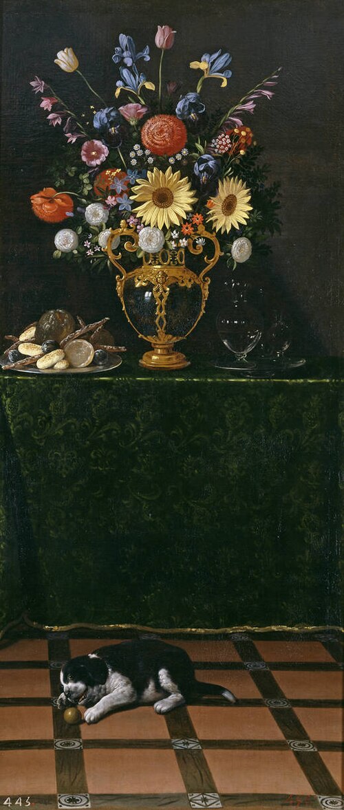 Nature morte avec un Vase de fleurs et un chiot, 1625, Juan van der Hamen